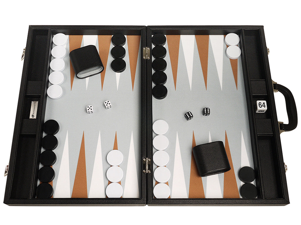 19-inch Premium Backgammon Set - Black Board with White and Rum Points - American-Wholesaler Inc.