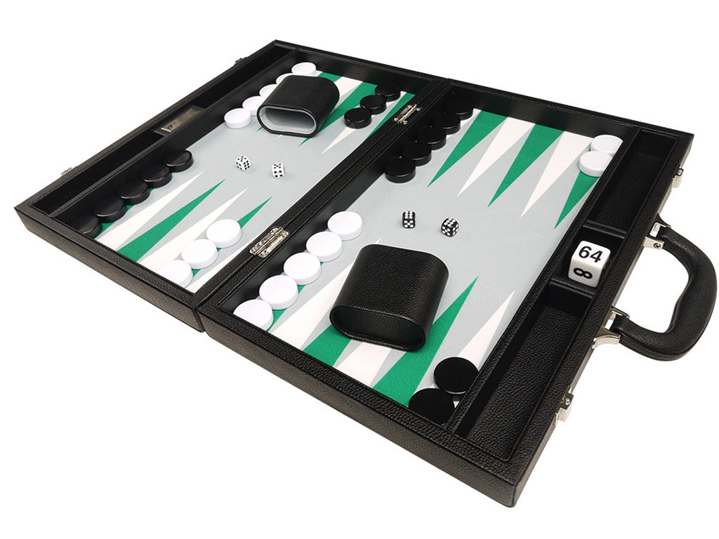 16-inch Premium Backgammon Set - Black Board with White and Green Points - American-Wholesaler Inc.