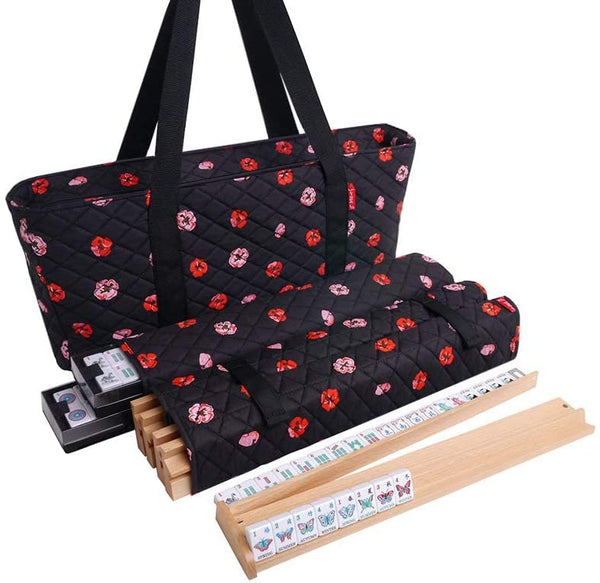 Linda Li Mahjong Set - White Tiles - Black Poppy Soft Bag