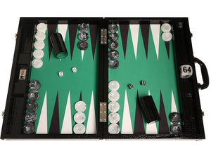 Tablero de Backgammon para torneos Wycliffe Brothers Diseño de cocodrilo en negro con campo verde - Gen III