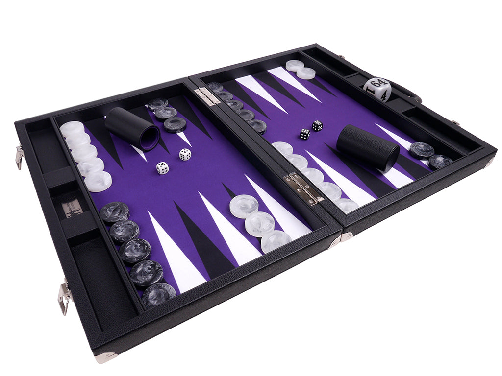 21" Professional Tournament Backgammon Set, Wycliffe Brothers - Black Case, Purple Field - Masters Edition - American-Wholesaler Inc.