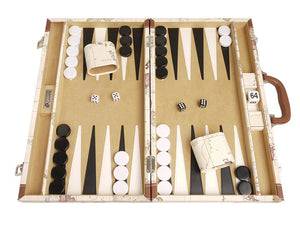 Juego de backgammon de lujo con diseño de mapa (tablero blanco de 46 cm)