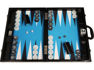 Tablero de Backgammon para torneos Wycliffe Brothers Diseño de cocodrilo en negro con campo azul - Gen III