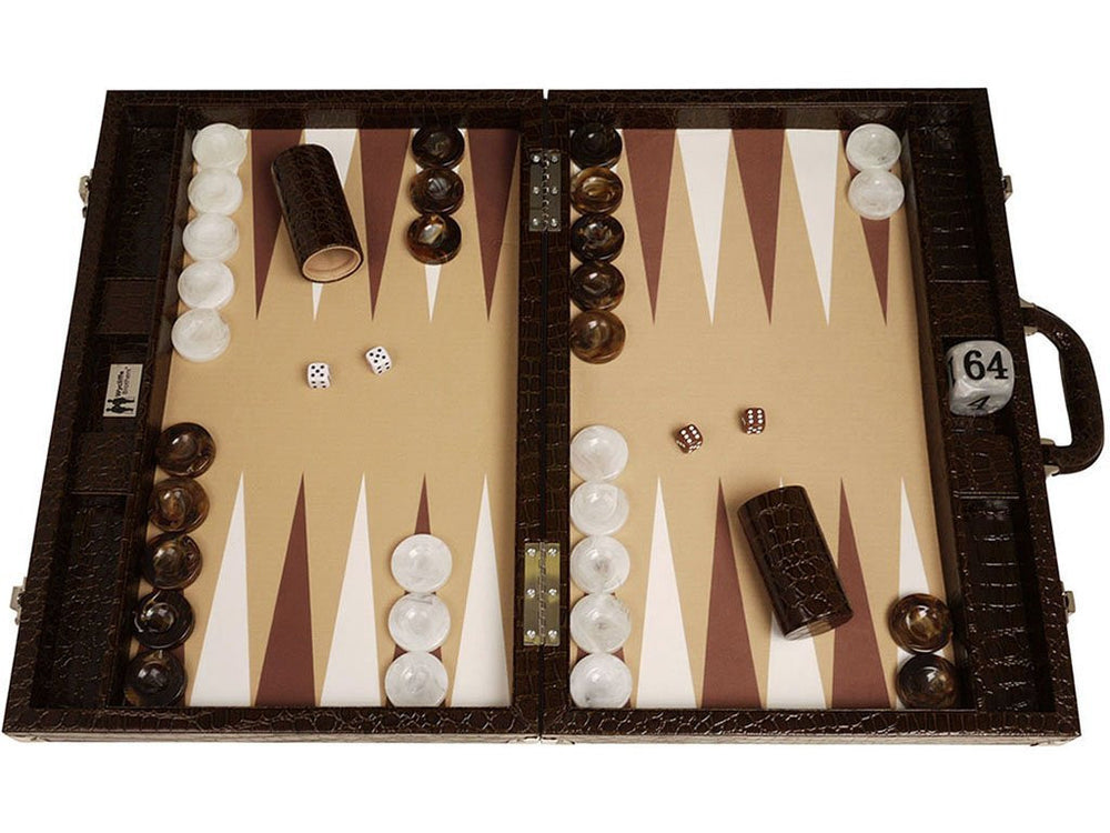 21-inch Professional Tournament Backgammon Set, Wycliffe Brothers - Brown Croco Board, Beige Field - Gen III - GBP - American-Wholesaler Inc.